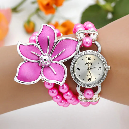 New Fashion Women Dress Watches Ladies Pearl Chain White Flower Bracelet Quartz Wristwatches Women Rhinestone Watches